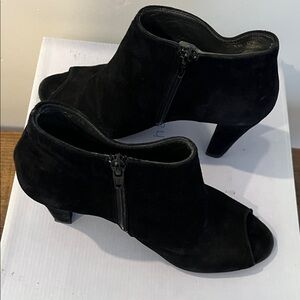 Eric Michael Black Ankle high black suede boots. Open toe.